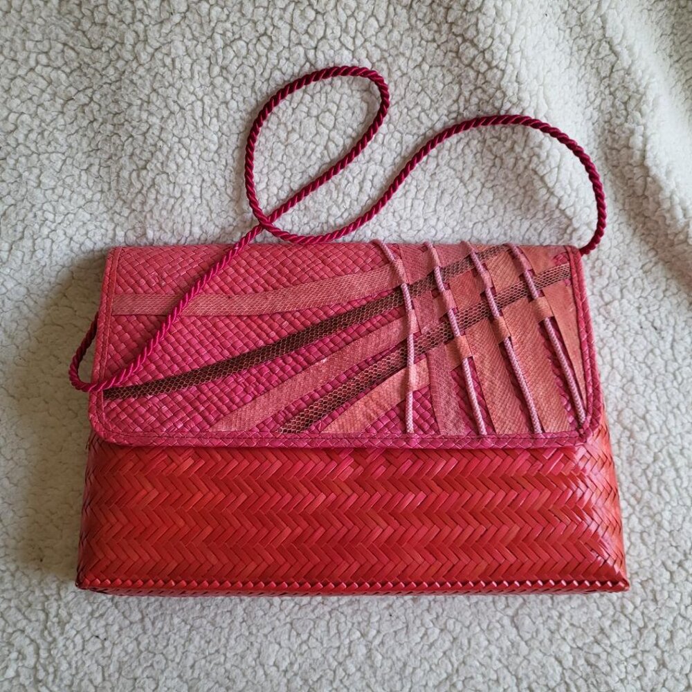 Vintage Pink and Red Woven Straw Shoulder Purse Made In Philippines
